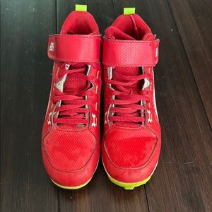 Under Armour Red and Neon Green Baseball Cleats with Velcro Strap